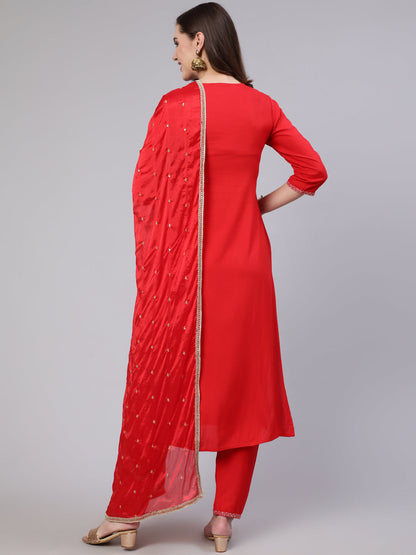 Red Embroidered Straight Kurta With Palazzo And Net Dupatta