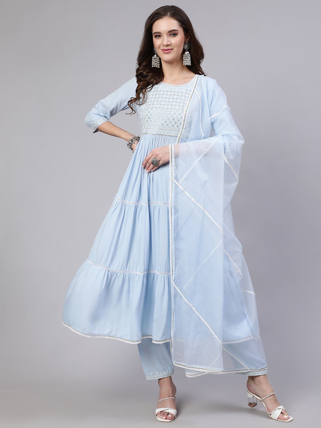 Blue Embroidered Flared Kurta With Trouser And Dupatta