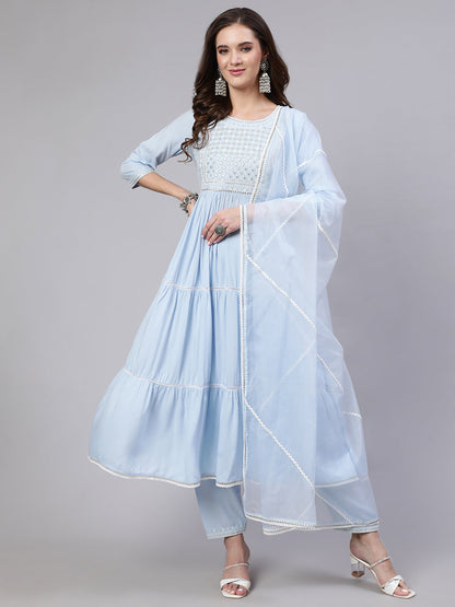 Blue Embroidered Flared Kurta With Trouser And Dupatta