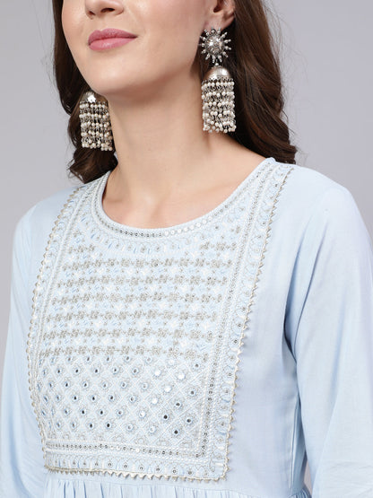 Blue Embroidered Flared Kurta With Trouser And Dupatta