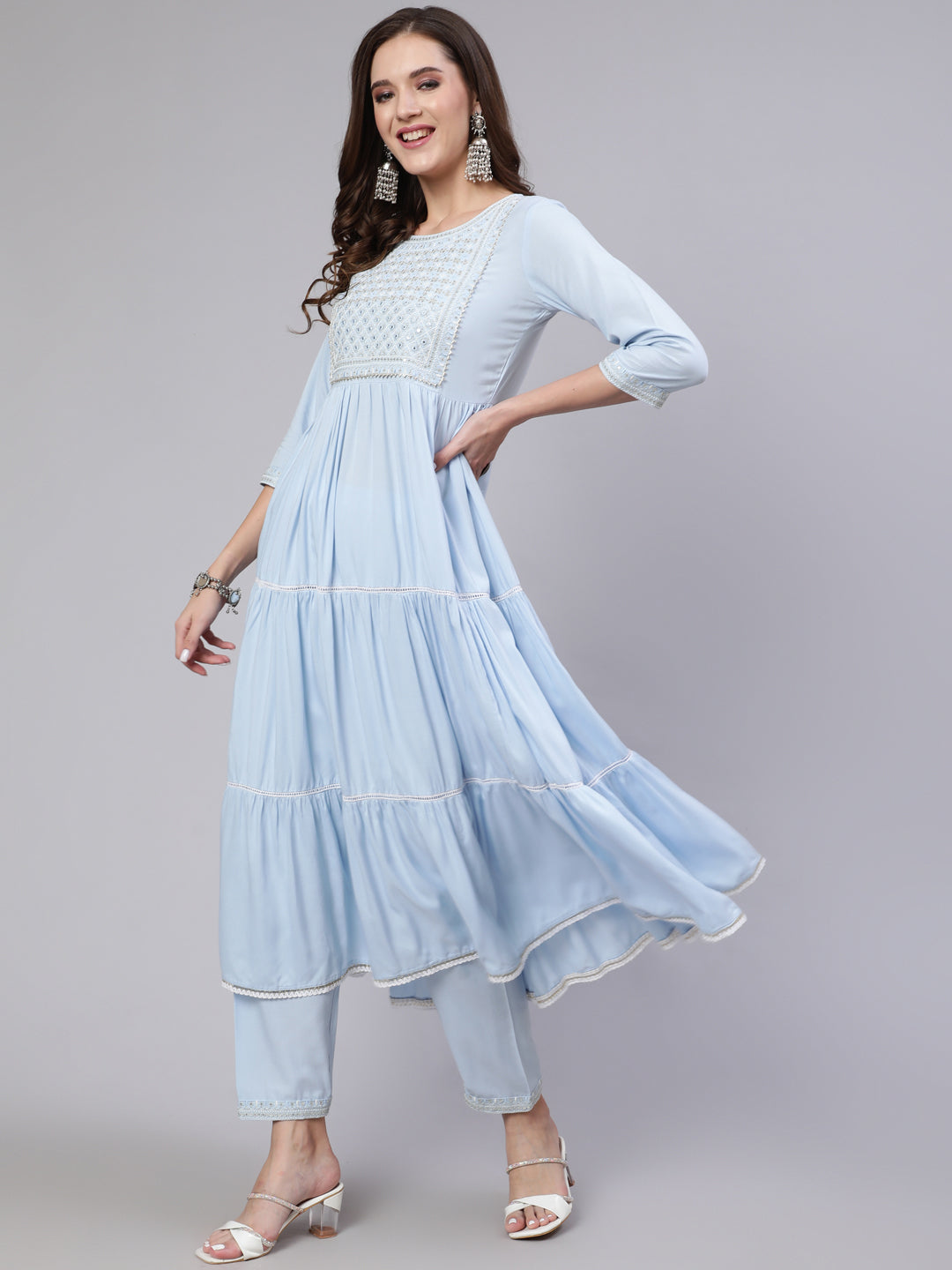 Blue Embroidered Flared Kurta With Trouser And Dupatta