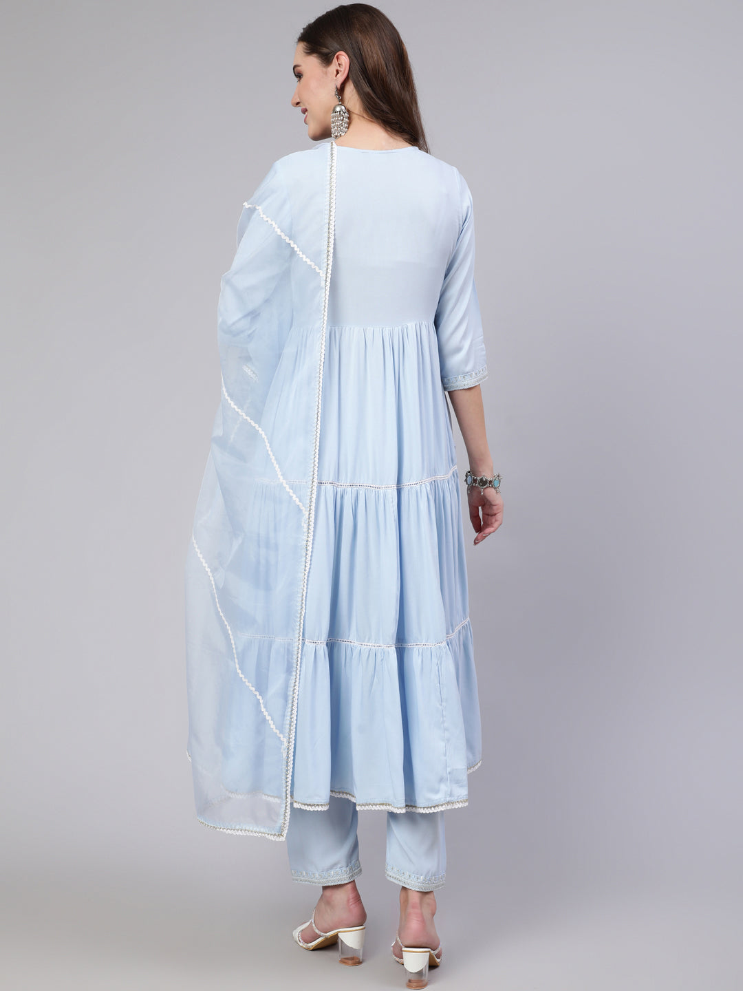Blue Embroidered Flared Kurta With Trouser And Dupatta