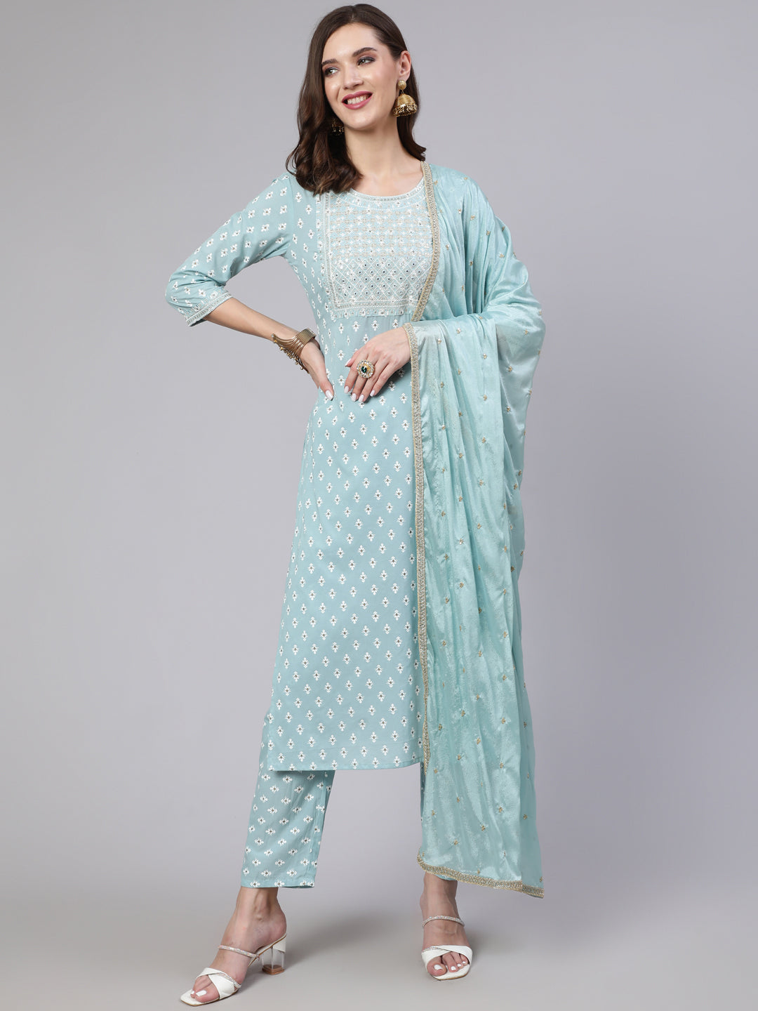 Blue Embroidered Straight Kurta With Trouser And Dupatta