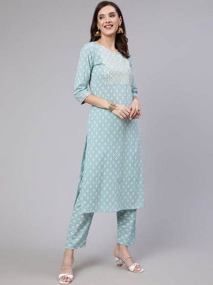 Blue Embroidered Straight Kurta With Trouser And Dupatta