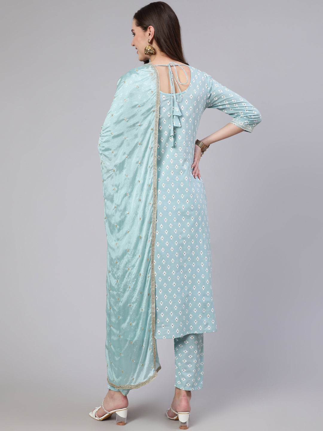 Blue Embroidered Straight Kurta With Trouser And Dupatta