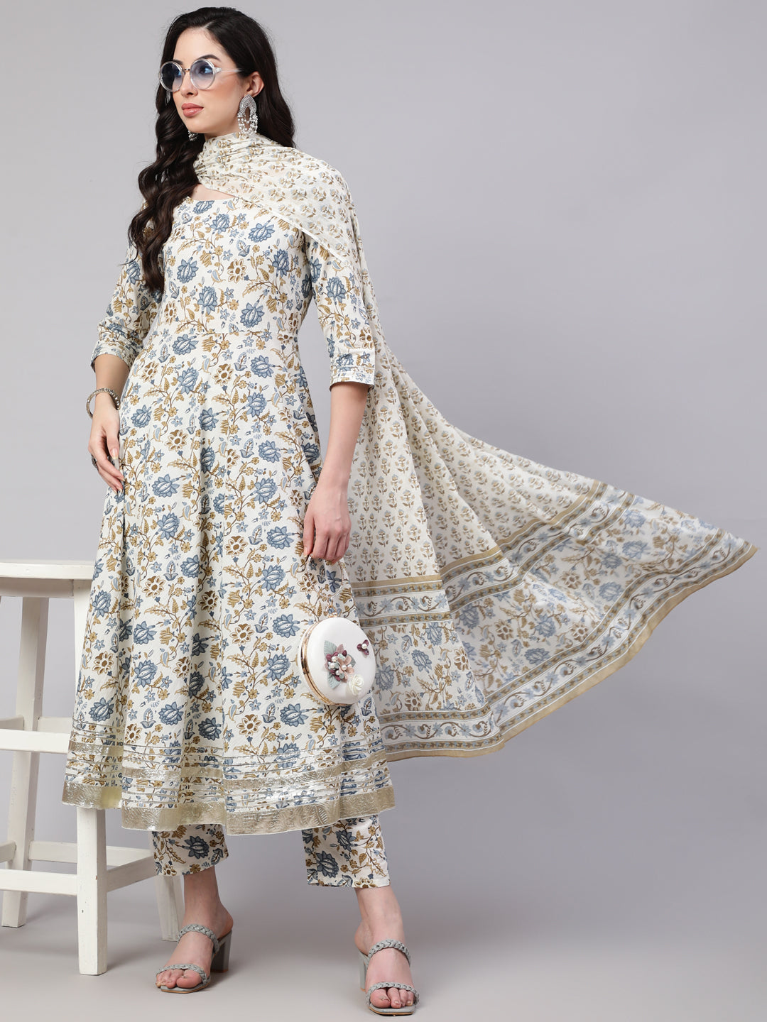 Off-White Floral Printed Flared Kurta With Trouser And Dupatta