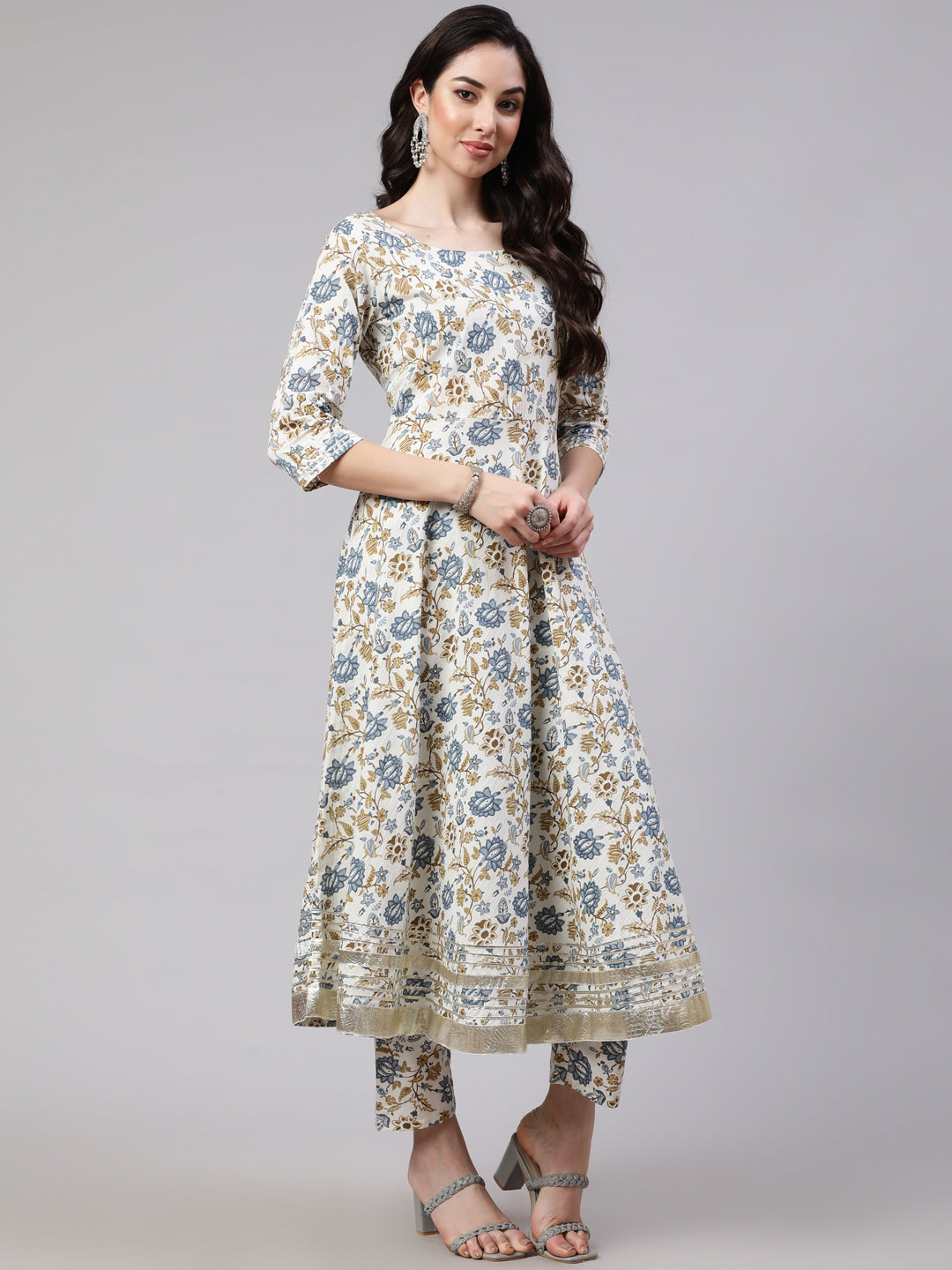 Off-White Floral Printed Flared Kurta With Trouser And Dupatta