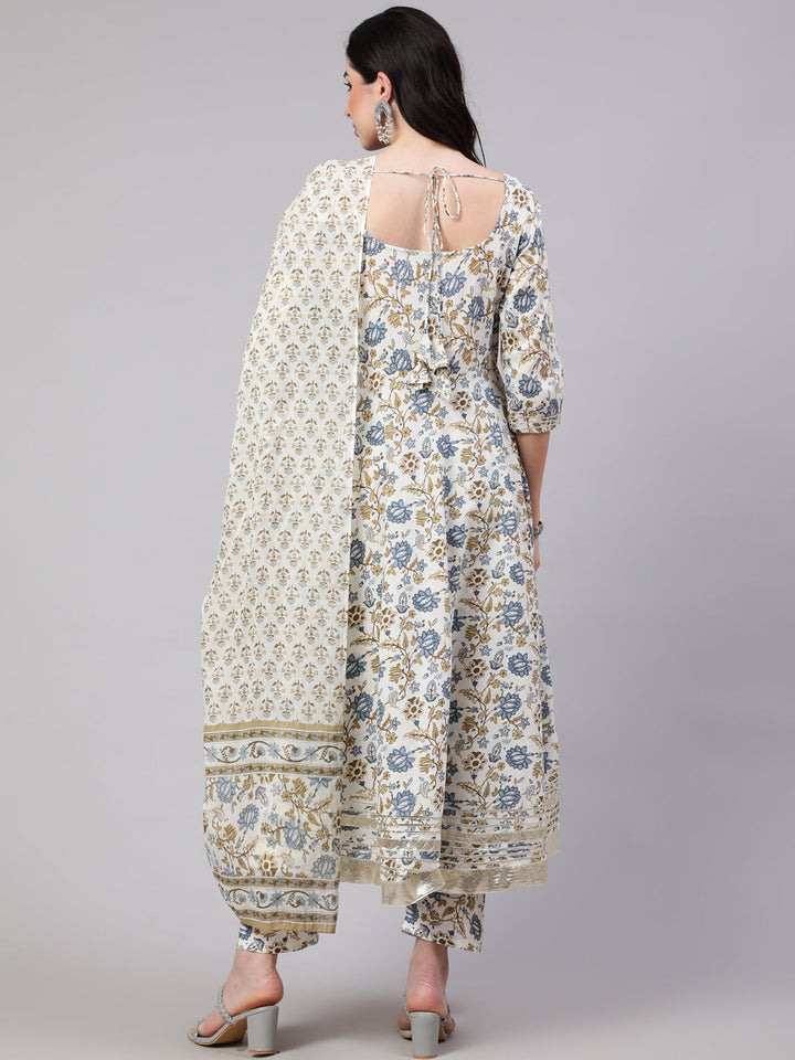 Off-White Floral Printed Flared Kurta With Trouser And Dupatta