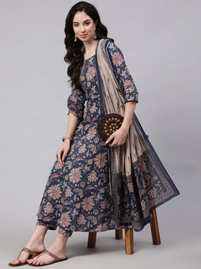 Blue Floral Printed Anarkali Kurta With Trouser And Dupatta
