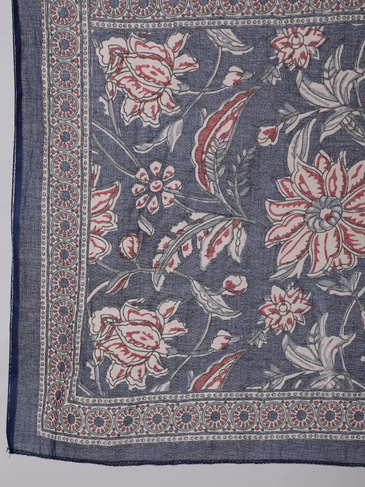 Blue Floral Printed Anarkali Kurta With Trouser And Dupatta