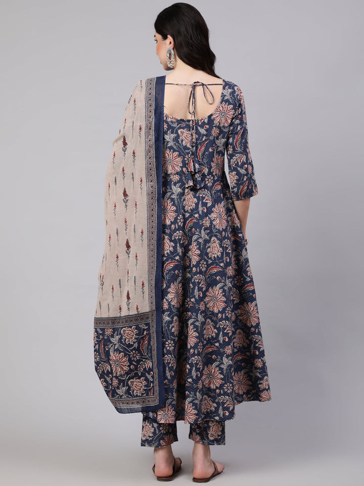 Blue Floral Printed Anarkali Kurta With Trouser And Dupatta