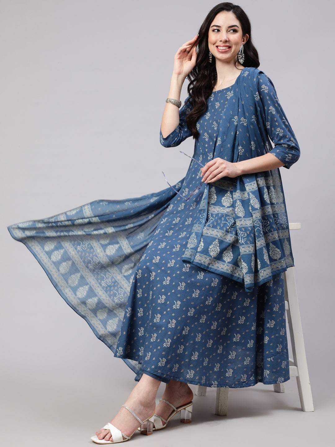 Blue Floral Printed Anarkali Kurta With Trouser And Dupatta