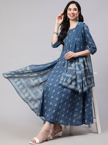 Blue Floral Printed Anarkali Kurta With Trouser And Dupatta