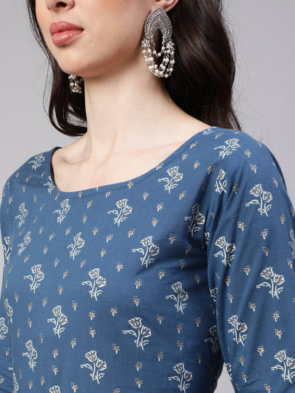 Blue Floral Printed Anarkali Kurta With Trouser And Dupatta