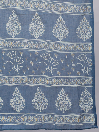 Blue Floral Printed Anarkali Kurta With Trouser And Dupatta
