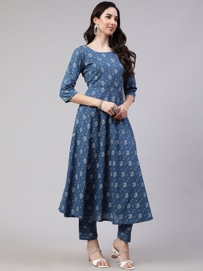 Blue Floral Printed Anarkali Kurta With Trouser And Dupatta