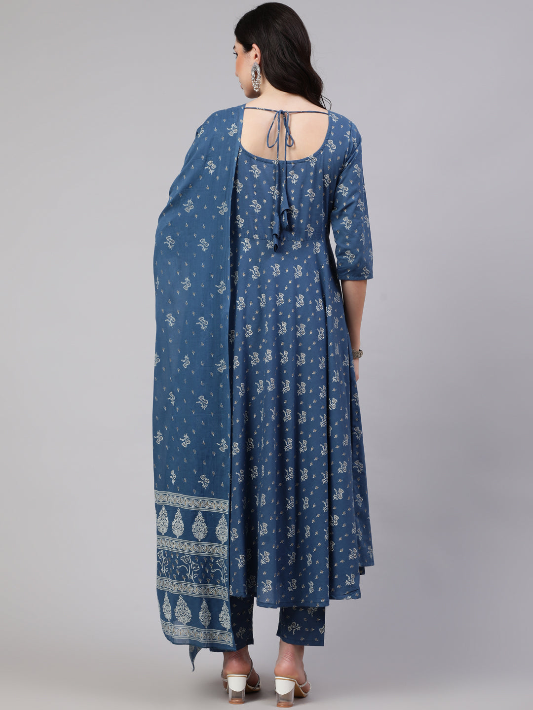 Blue Floral Printed Anarkali Kurta With Trouser And Dupatta