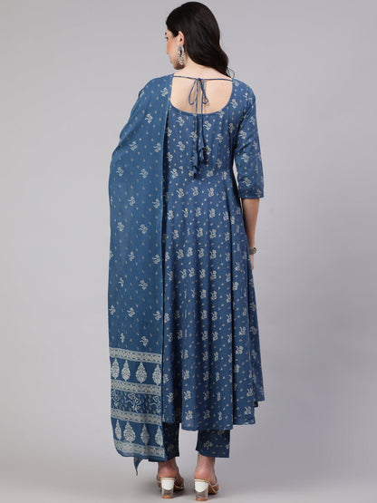 Blue Floral Printed Anarkali Kurta With Trouser And Dupatta