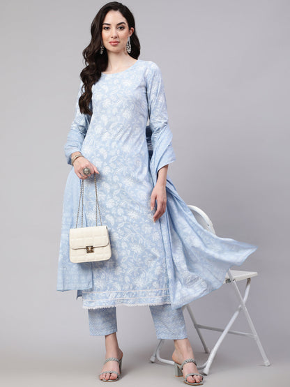 Blue Ethnic Printed Straight Kurta With Trouser And Dupatta