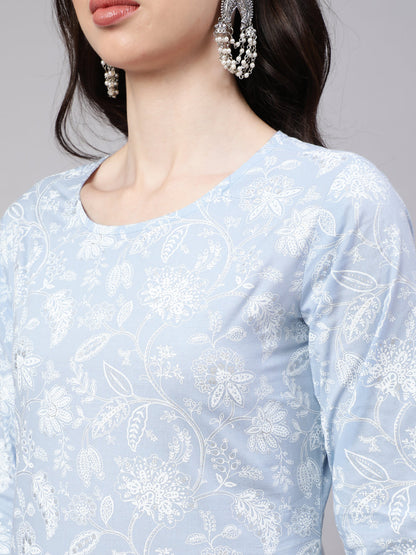 Blue Ethnic Printed Straight Kurta With Trouser And Dupatta