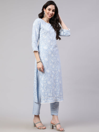 Blue Ethnic Printed Straight Kurta With Trouser And Dupatta