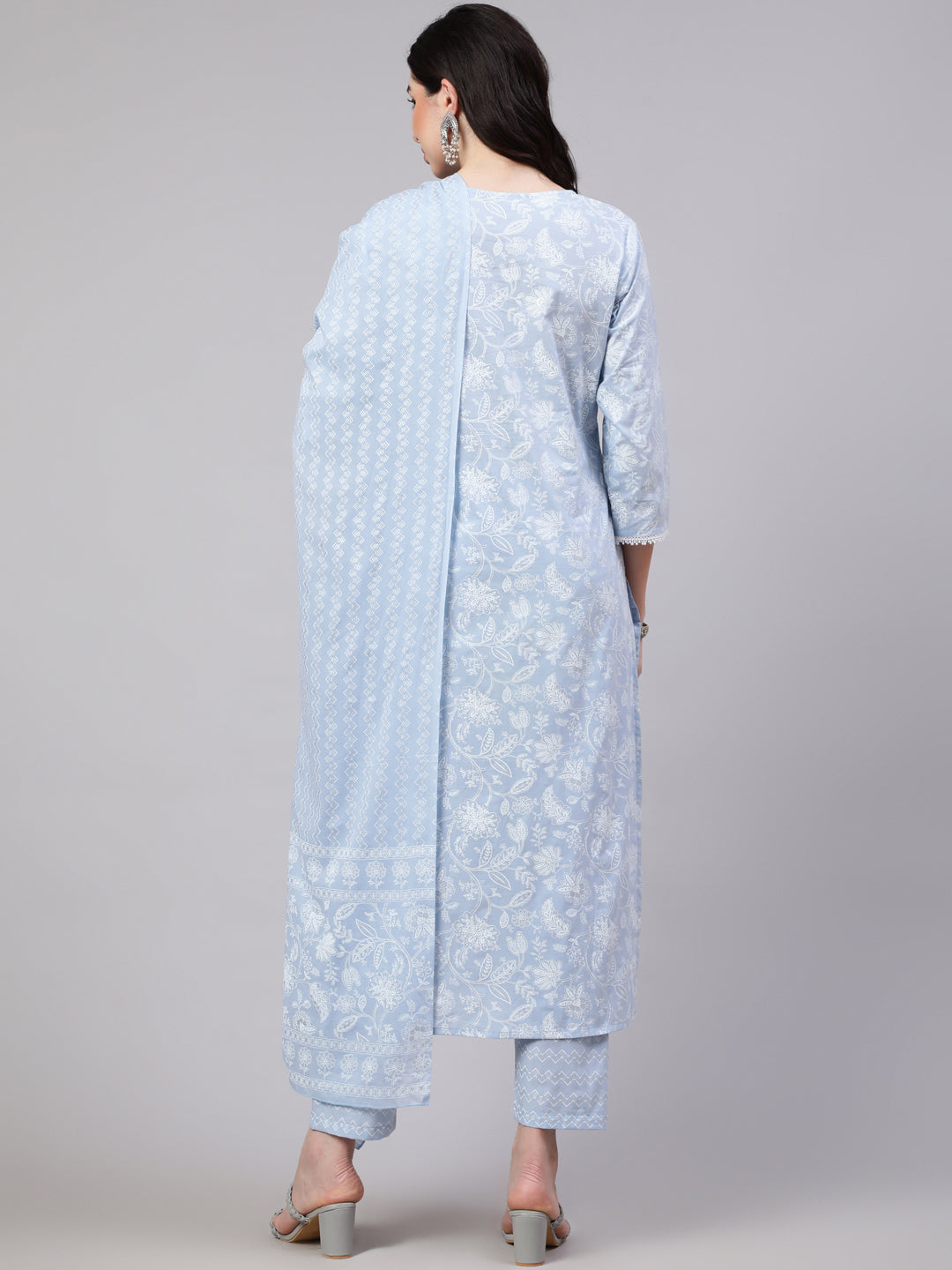 Blue Ethnic Printed Straight Kurta With Trouser And Dupatta