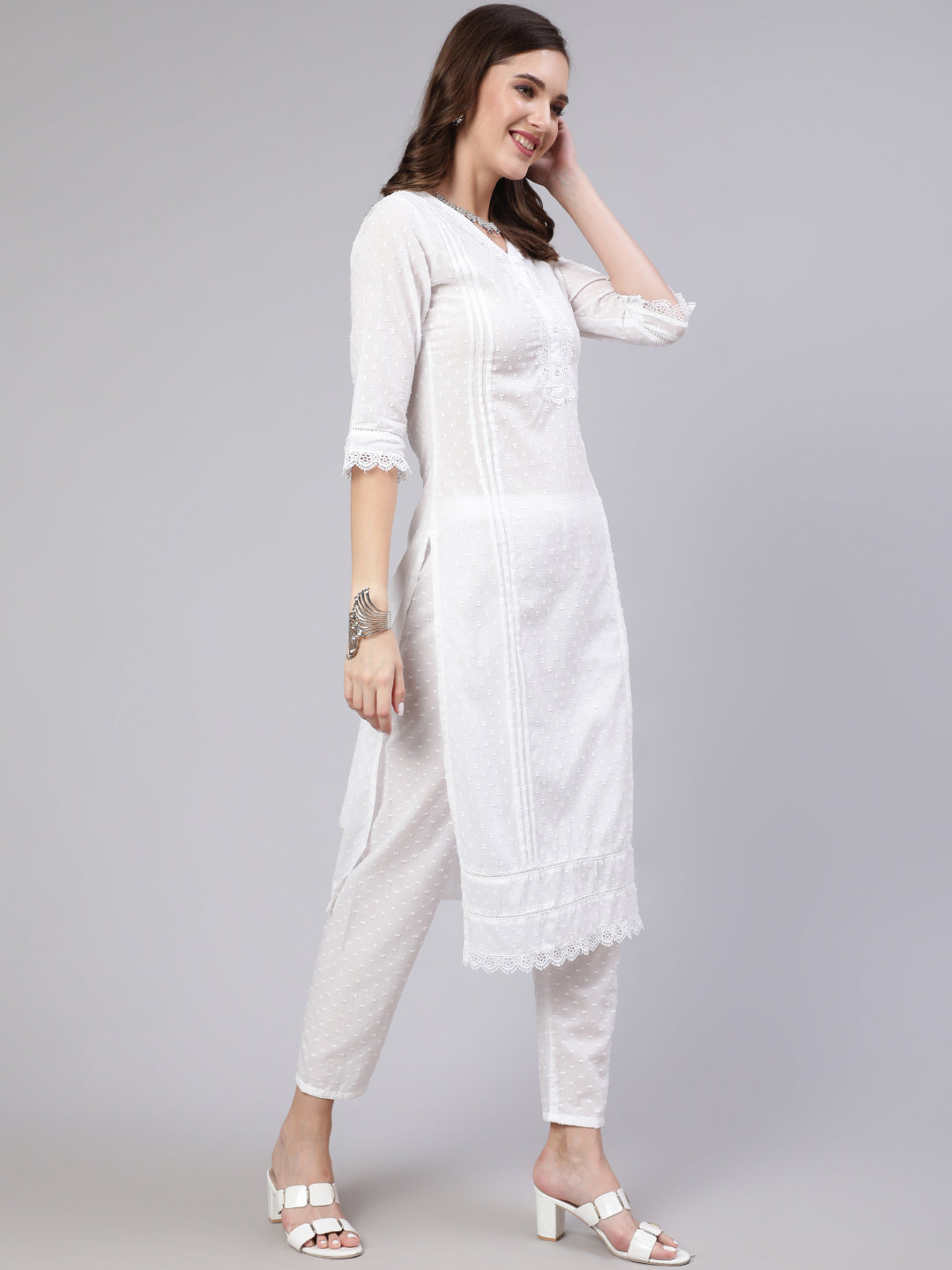 Women's White A-Line Chanderi Kurta Set With Dupatta (3pcs set) - Label  Shaurya Sanadhya | White kurta, Cotton dress designs, Women