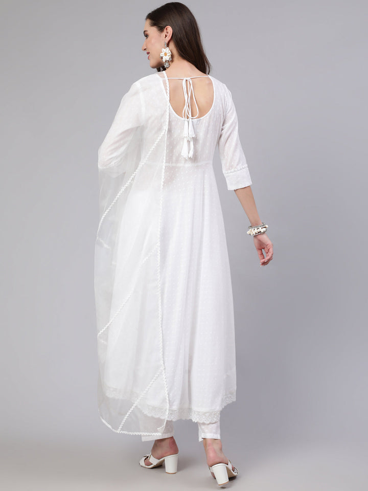 White Lace Details Flared Kurta With Trouser And Dupatta