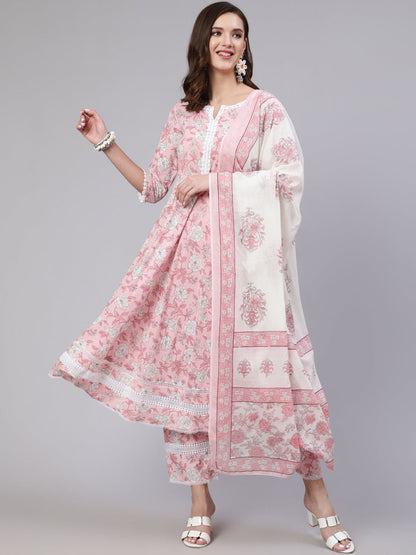 Pink Floral Printed Anarkali Kurta With Trouser And Dupatta