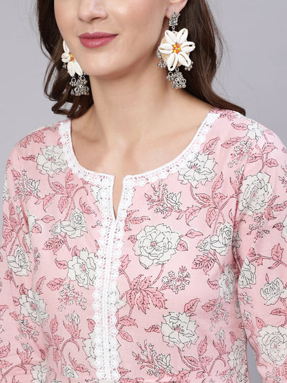 Pink Floral Printed Anarkali Kurta With Trouser And Dupatta