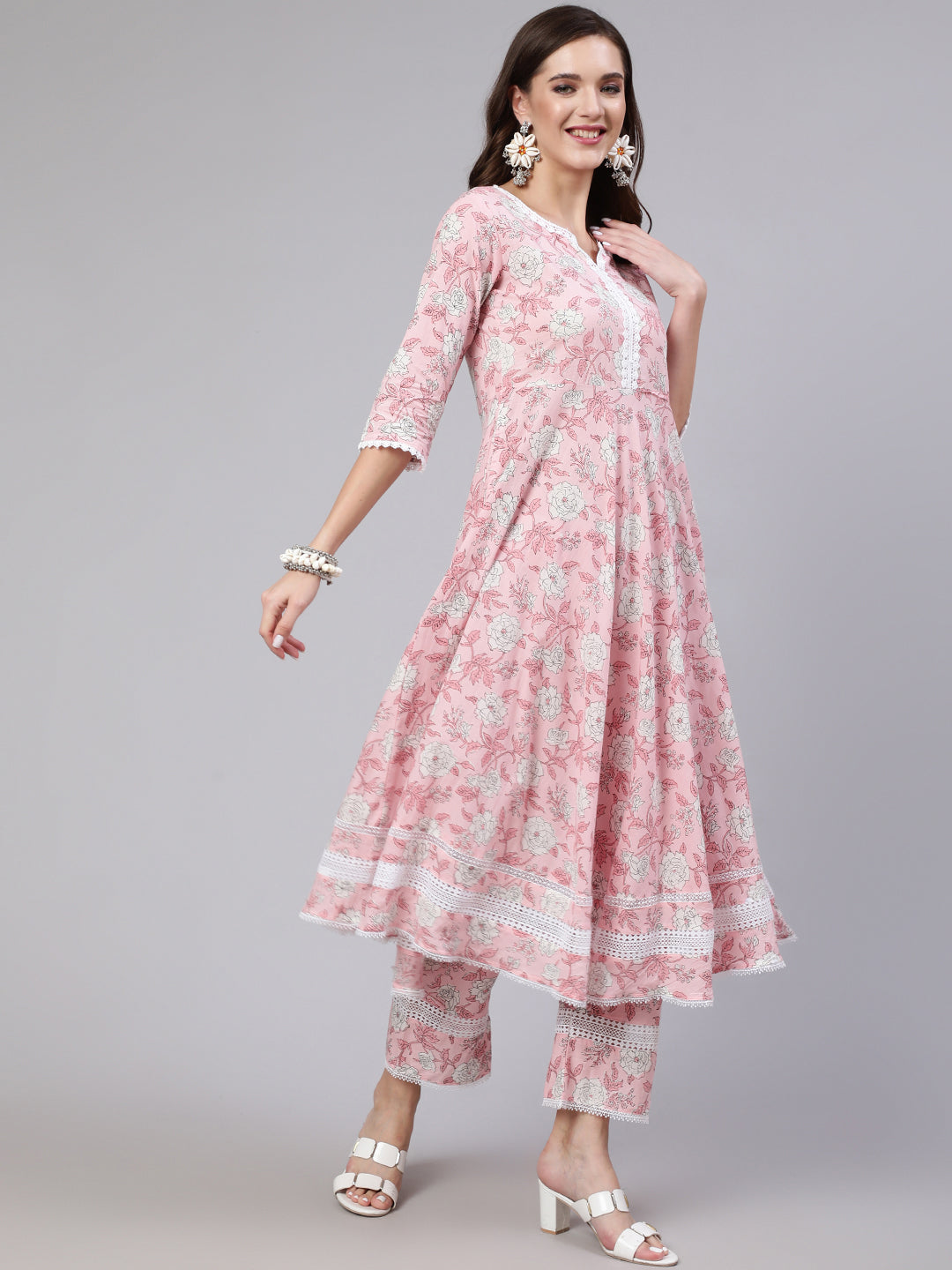 Pink Floral Printed Anarkali Kurta With Trouser And Dupatta