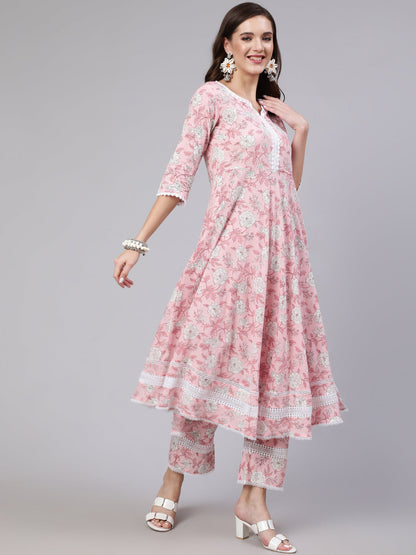 Pink Floral Printed Anarkali Kurta With Trouser And Dupatta