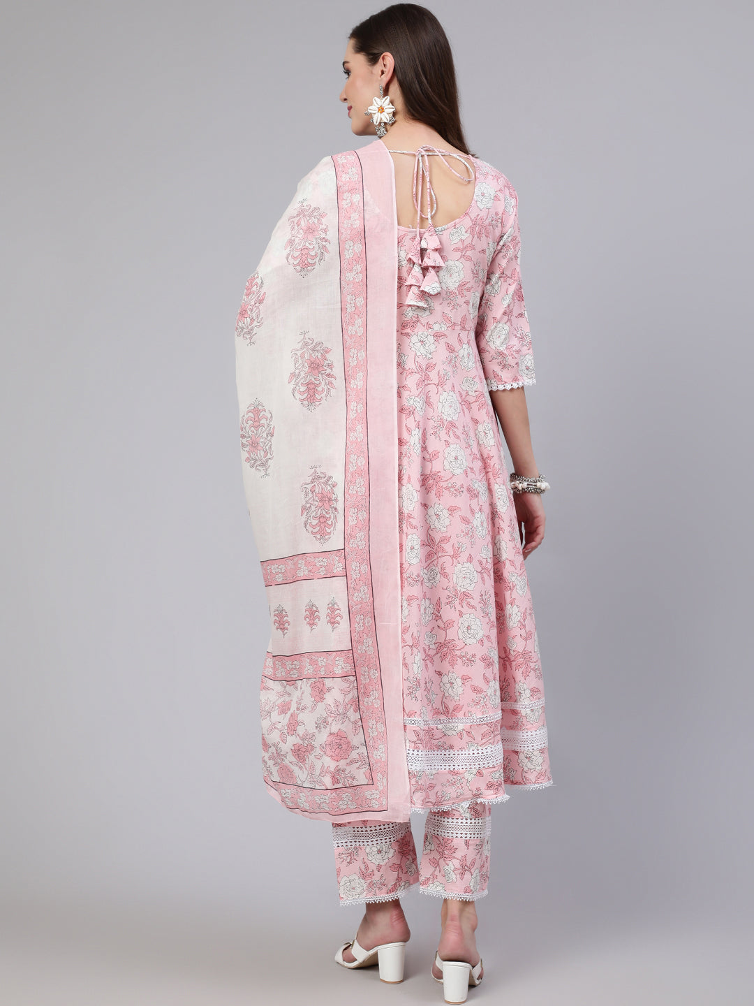 Pink Floral Printed Anarkali Kurta With Trouser And Dupatta