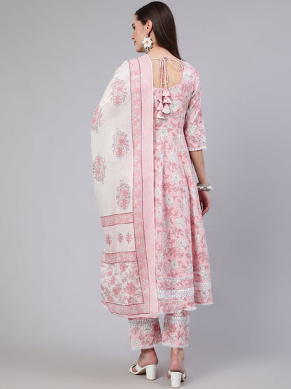 Pink Floral Printed Anarkali Kurta With Trouser And Dupatta