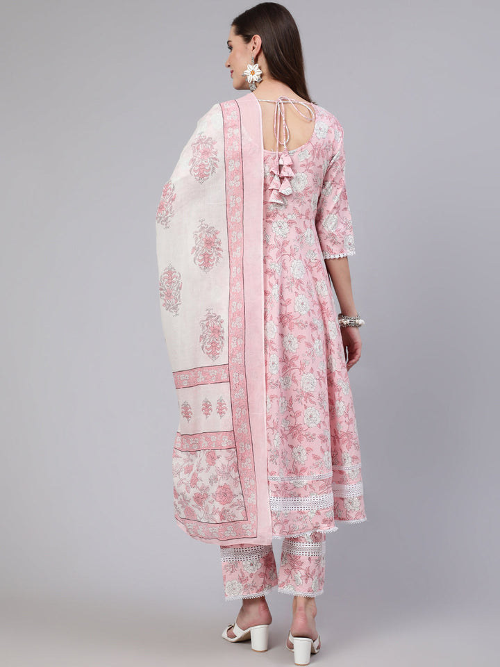 Pink Floral Printed Anarkali Kurta With Trouser And Dupatta