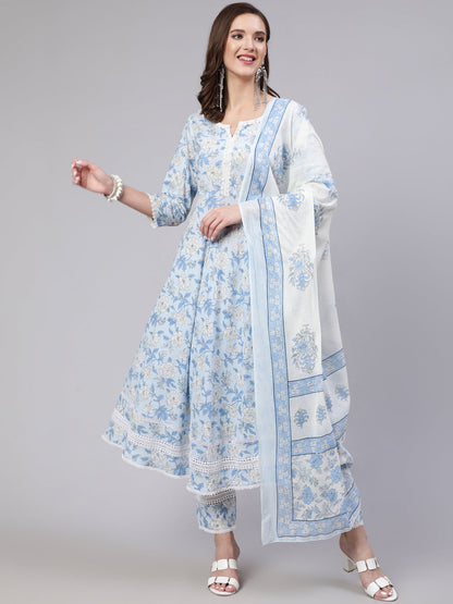 Blue Floral Printed Anarkali Kurta With Trouser And Dupatta