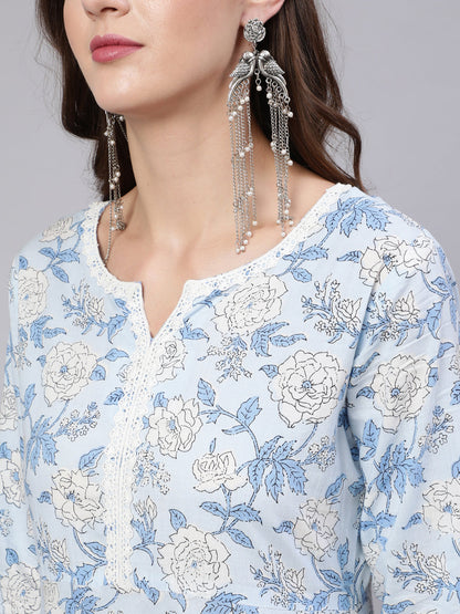 Blue Floral Printed Anarkali Kurta With Trouser And Dupatta