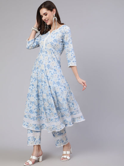 Blue Floral Printed Anarkali Kurta With Trouser And Dupatta