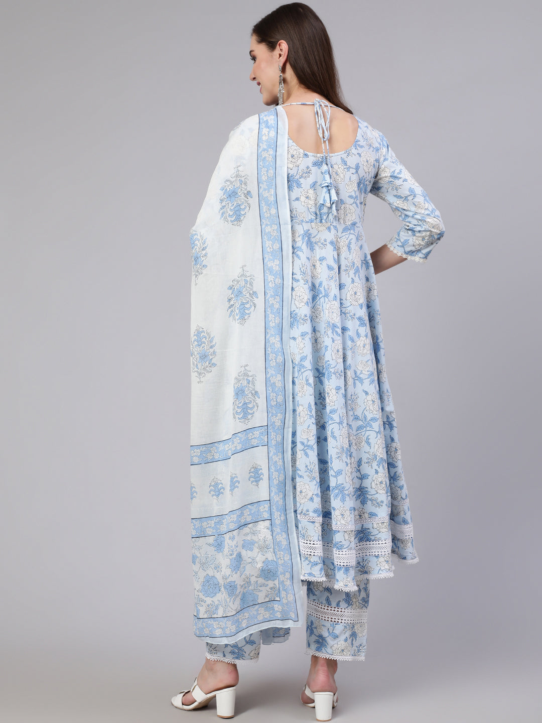 Blue Floral Printed Anarkali Kurta With Trouser And Dupatta