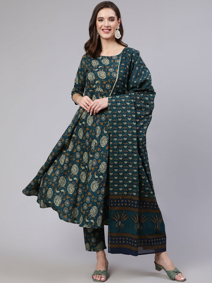 Green Floral Printed Anarkali Kurta With Trouser And Dupatta