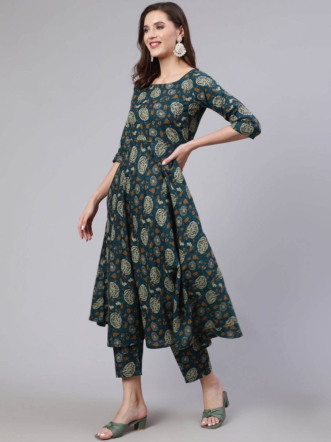 Green Floral Printed Anarkali Kurta With Trouser And Dupatta