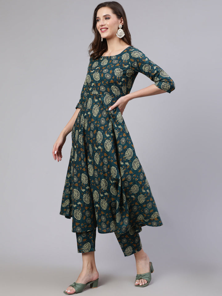 Green Floral Printed Anarkali Kurta With Trouser And Dupatta