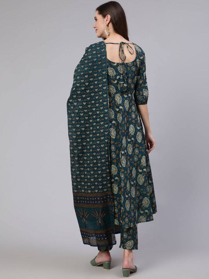 Green Floral Printed Anarkali Kurta With Trouser And Dupatta