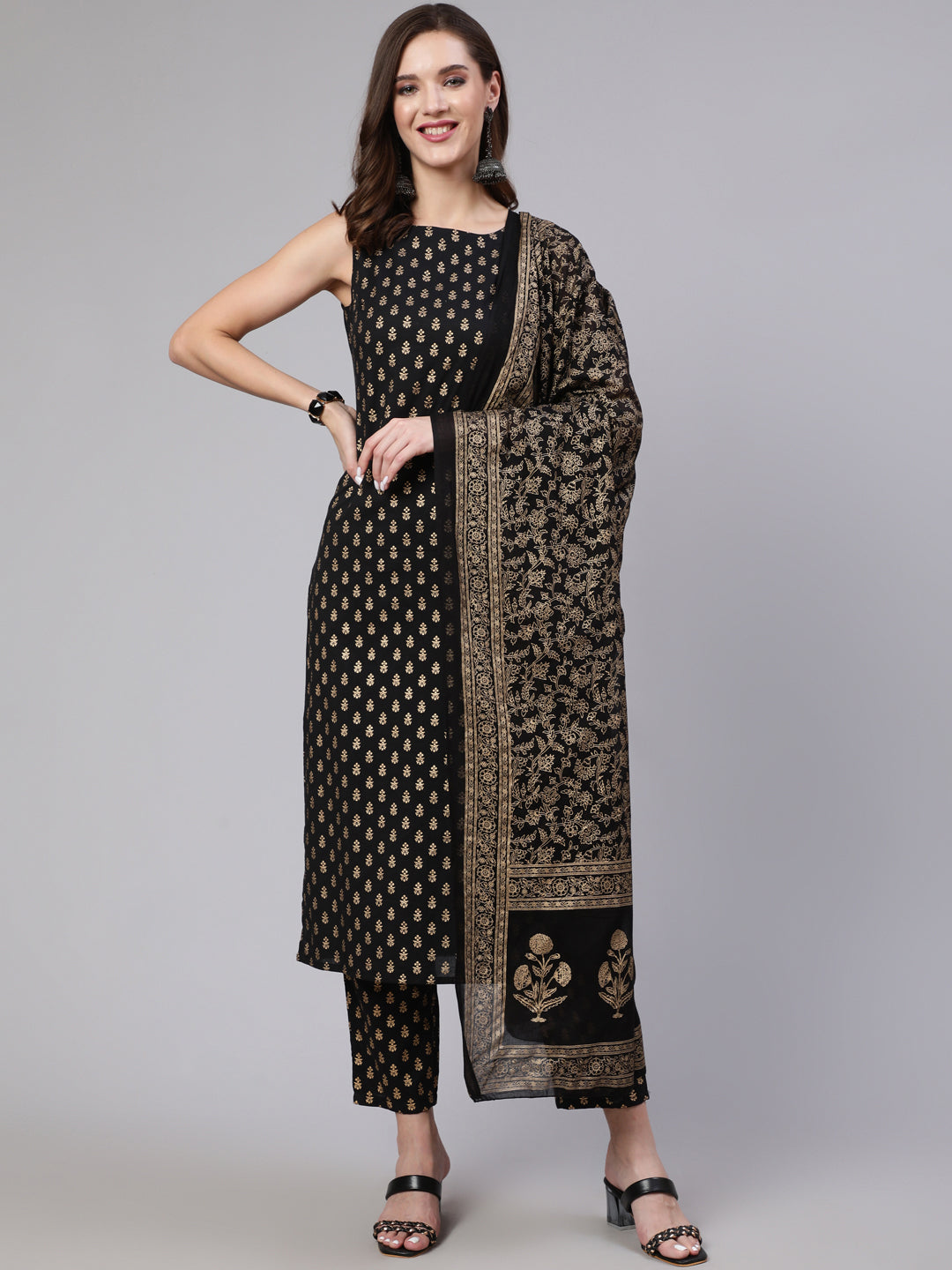 Black Printed Straight Kurta With Trouser And Dupatta
