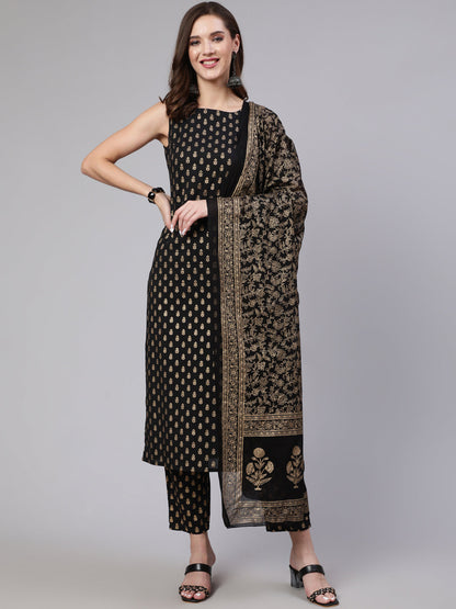 Black Printed Straight Kurta With Trouser And Dupatta