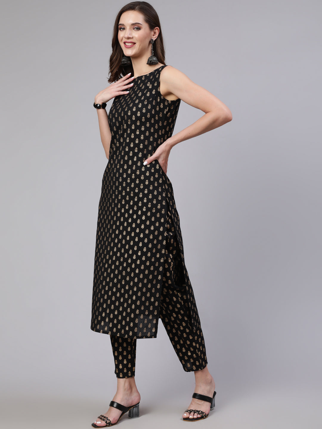 Black Printed Straight Kurta With Trouser And Dupatta