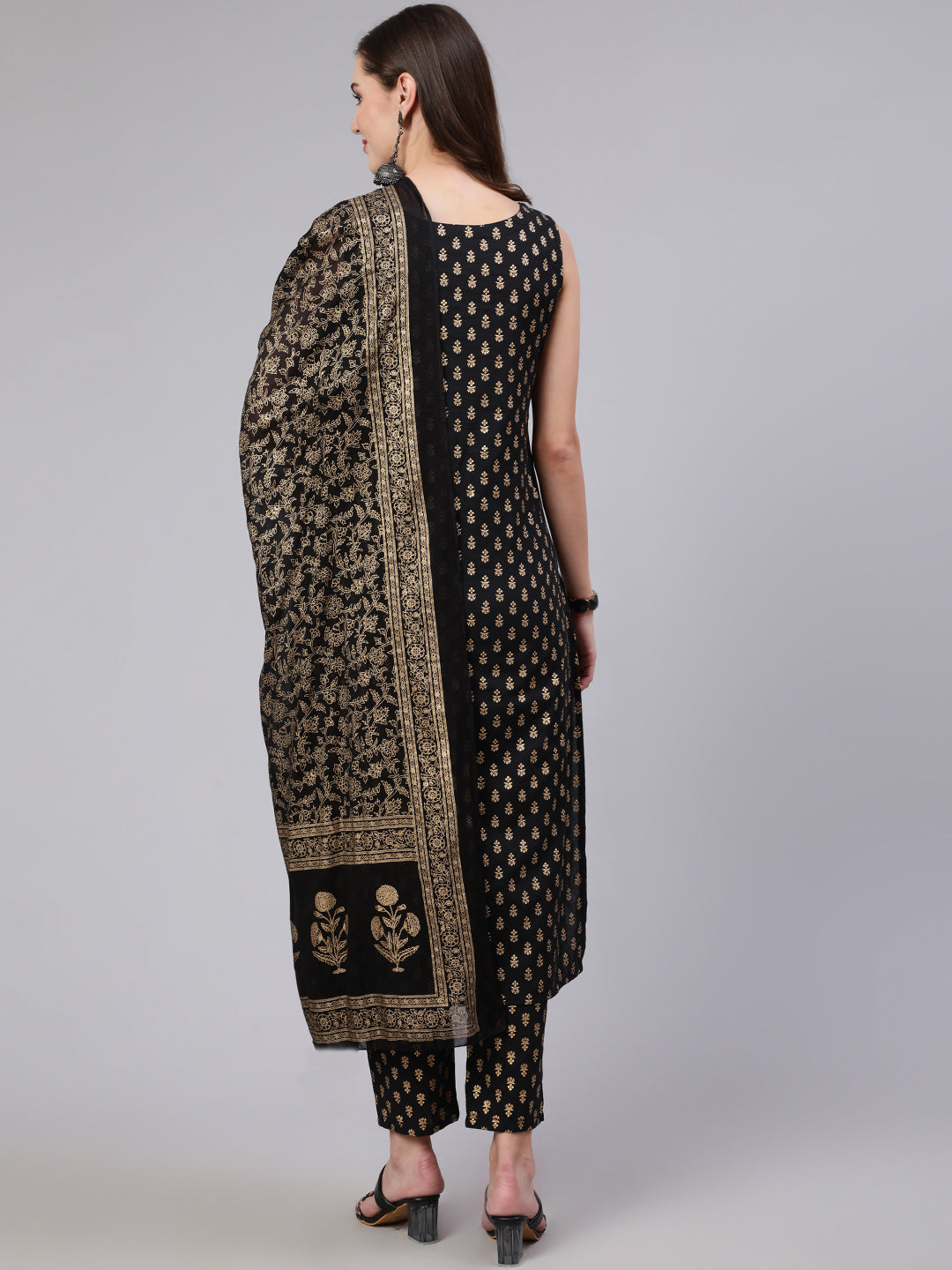 Black Printed Straight Kurta With Trouser And Dupatta
