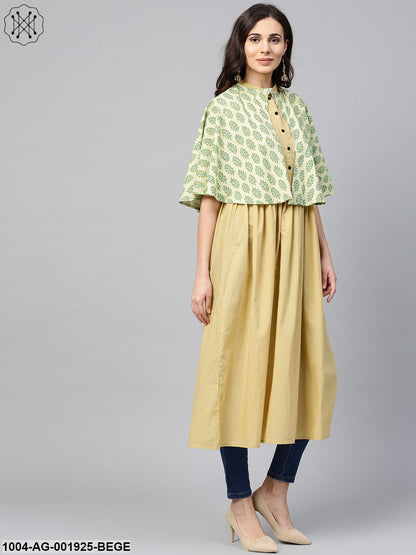 Beige Sleeveless Cotton Anarkali Kurta With Printed Jacket