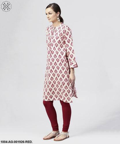 Red Printed Cotton Kurta With Madarin Collar And3/4Th Sleeves