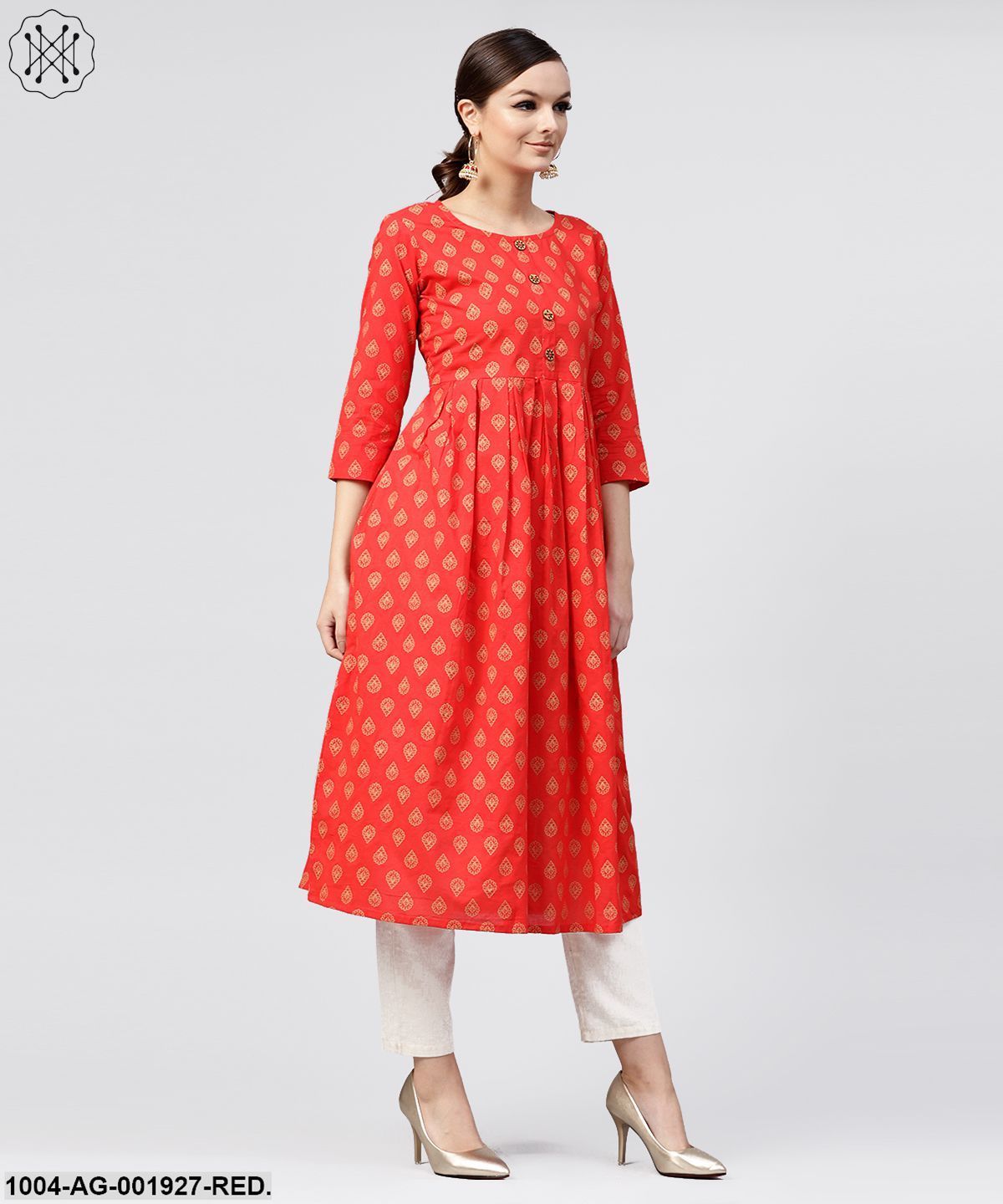 Red Cotton Printed A-Line With Box PleatedKurta With Front Placket And 3/4 Sleeves